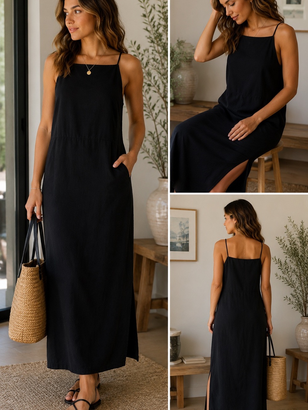 Zara Linen Blend Black Maxi Dress Square Neck Sleeveless Side Zip Size S